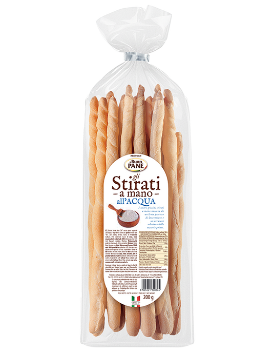 A package of 200g of 'dono di Pane' Stirati a mano all'acqua breadsticks, shown in a clear plastic bag with a white label and a clear plastic tie.