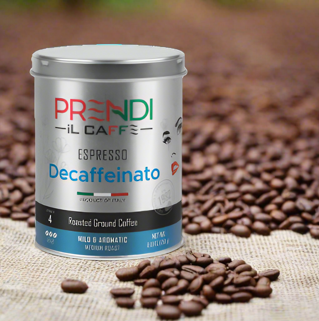 Prendi Il Caffè decaffeinated coffee can with ground coffee on a white background