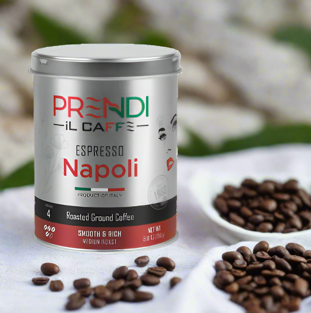 Prendi Il Caffè Espresso Napoli coffee can with ground coffee on a white background