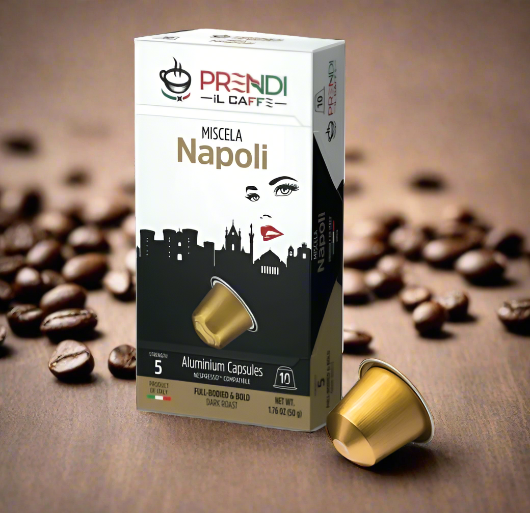 Prendi Il Caffè Miscela Napoli coffee capsule packaging with a gold capsule on a white background