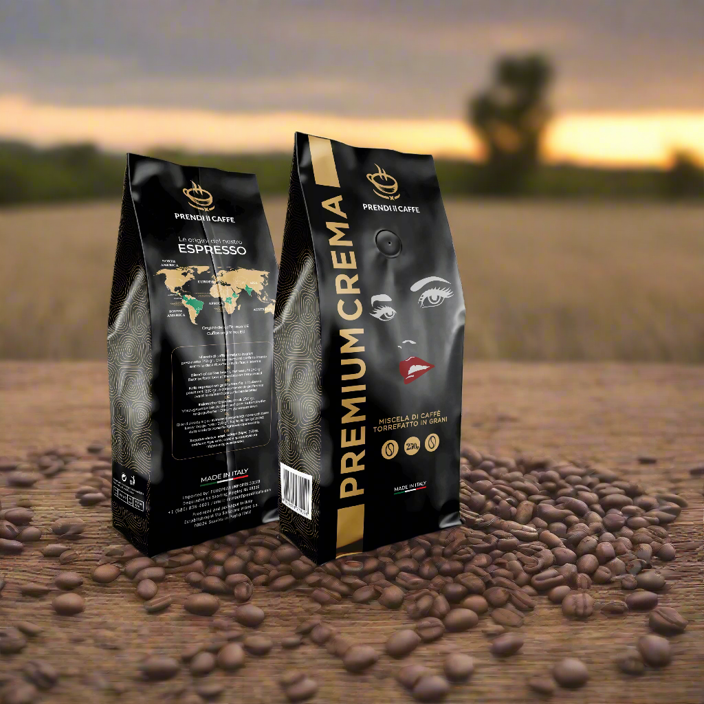 Two coffee bags labeled 'PREMIUM CREMA' with coffee beans on a white background