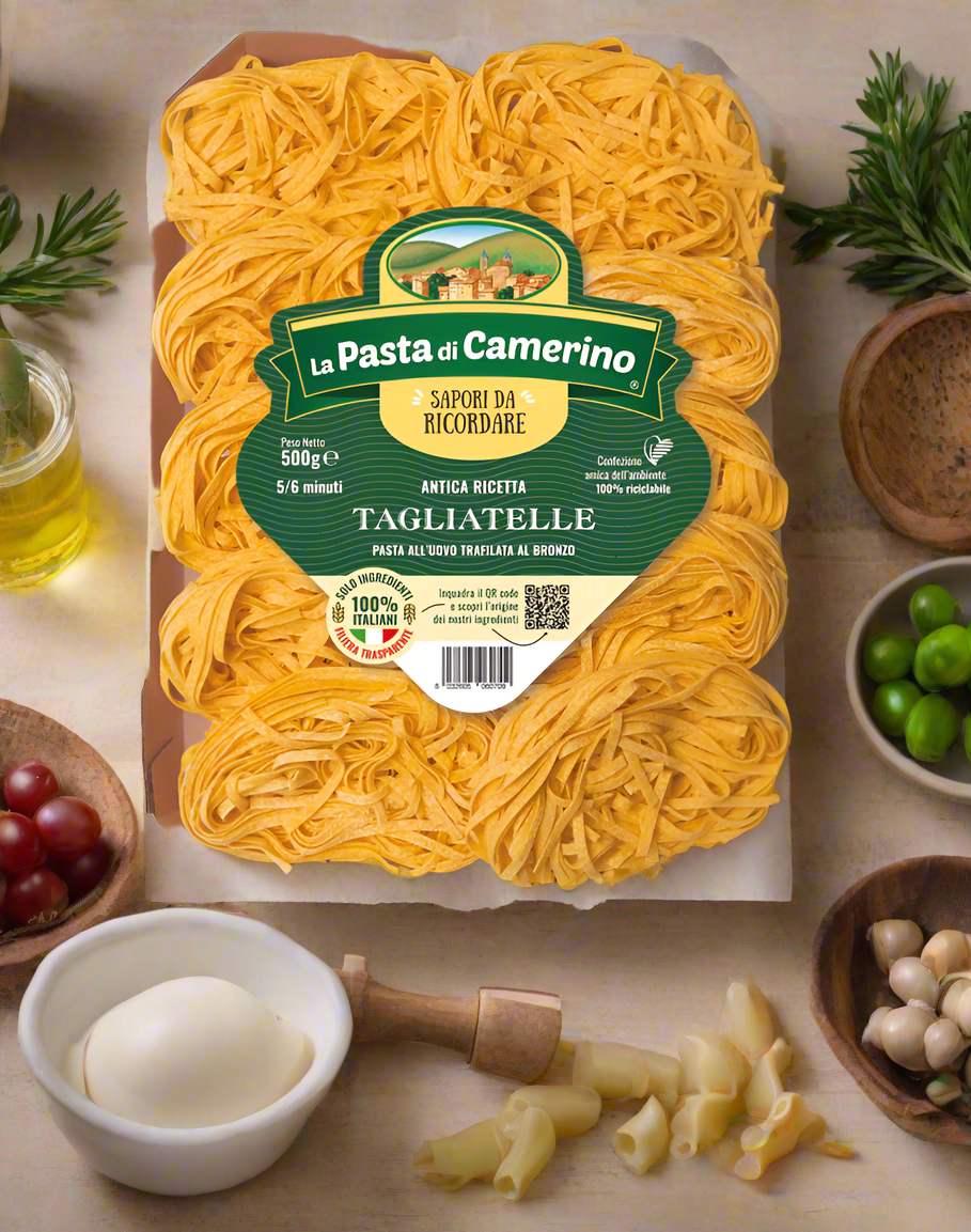 Pack of La Pasta di Camerino tagliatelle pasta on a white background