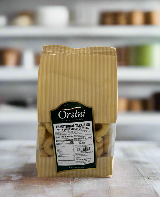 Bag of Orstini Traditional Tarallini pasta with a label on a white background
