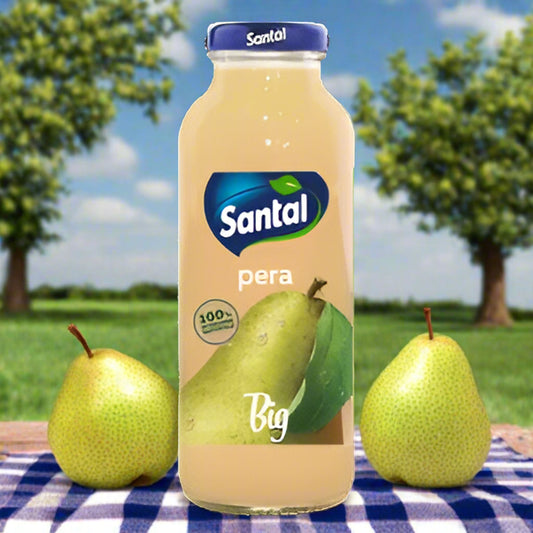 Santal pear juice bottle on a white background