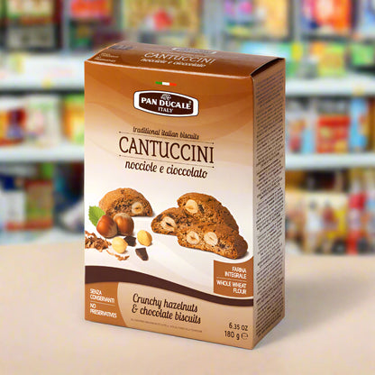 Box of Pan Dúluèle Cantuccini cookies with hazelnuts and chocolate on a white background