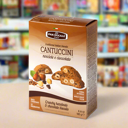 Box of Pan Dúluèle Cantuccini cookies with hazelnuts and chocolate on a white background