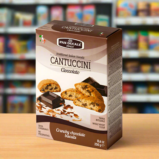 Box of Pan Ducale Cantuccini Cioccolato chocolate biscuits on a white background