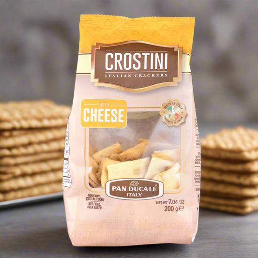 Bag of Pan Ducale Crostini Italian Crackers with Cheese on a light background