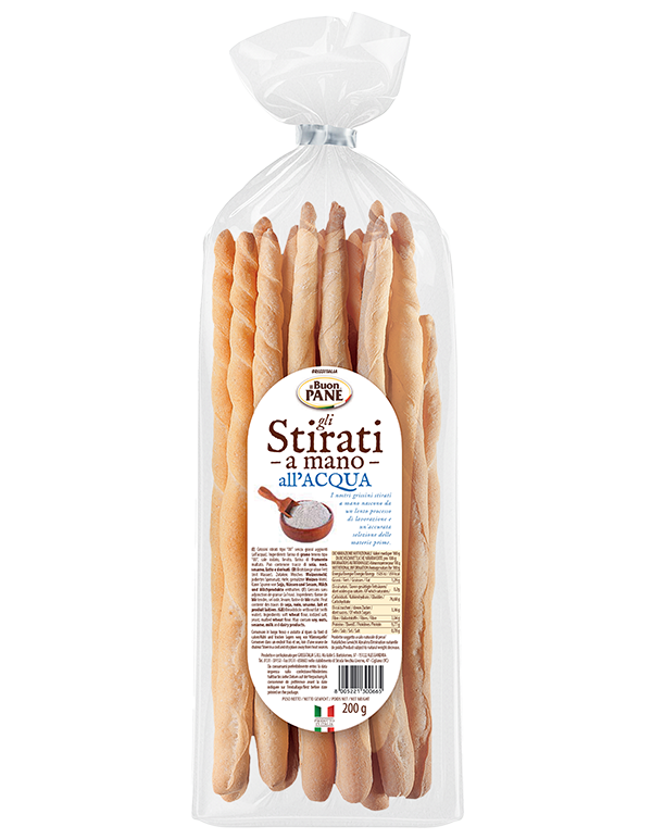 A package of 200g of 'dono di Pane' Stirati a mano all'acqua breadsticks, shown in a clear plastic bag with a white label and a clear plastic tie.