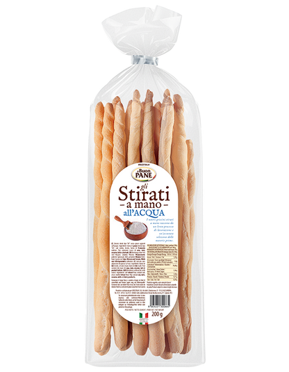 A package of 200g of 'dono di Pane' Stirati a mano all'acqua breadsticks, shown in a clear plastic bag with a white label and a clear plastic tie.