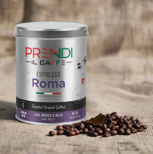 Prendi Il Caffè Espresso Roma coffee can with ground coffee on a white background