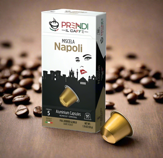Prendi Il Caffè Miscela Napoli coffee capsule packaging with a gold capsule on a white background