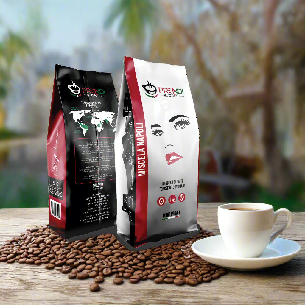 Two coffee bags with a face design and coffee beans on a white background

