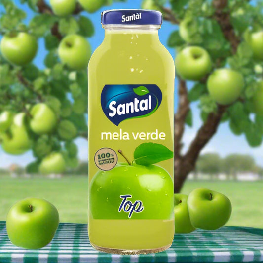 Green bottle of Santal mela verde juice on a white background