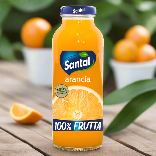 Bottle of Santal orange juice on a white background