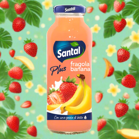Santal strawberry banana juice bottle on a white background