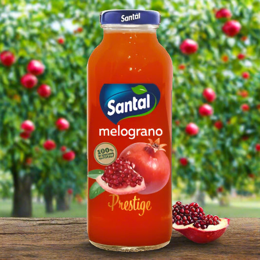 Santal pomegranate juice bottle on a white background