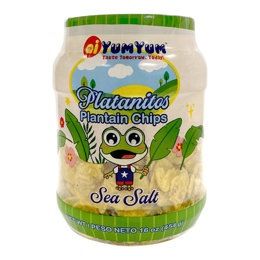 A jar of ai YumYum Platanitos Plantain Chips in Sea Salt flavor, featuring a cartoon frog on the label and a green and white striped lid, set against a plain white background.