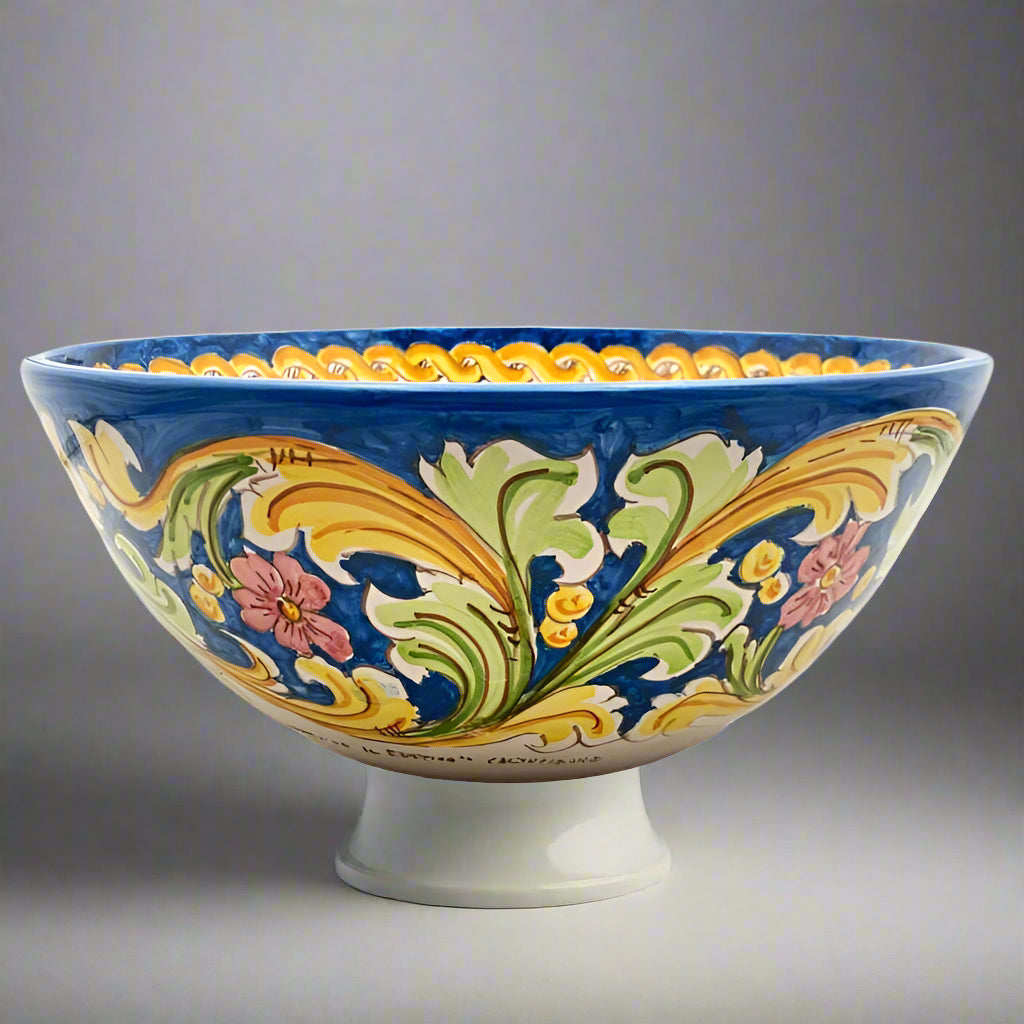 Decorative ceramic bowl with colorful floral patterns on a white background