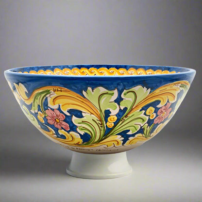 Decorative ceramic bowl with colorful floral patterns on a white background