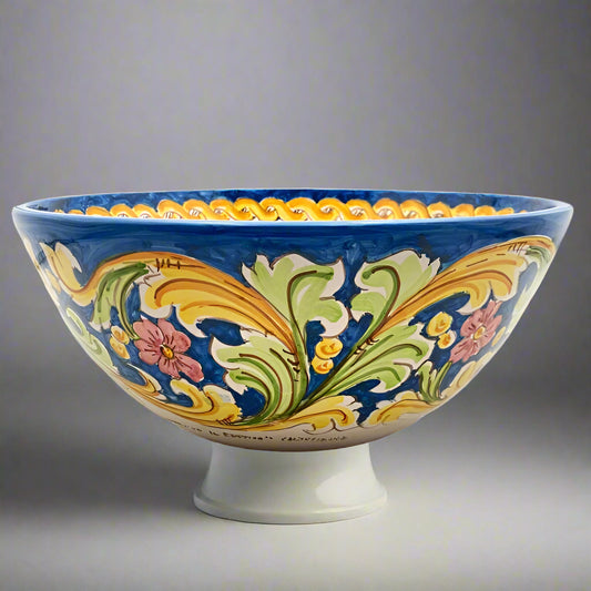 Decorative ceramic bowl with colorful floral patterns on a white background