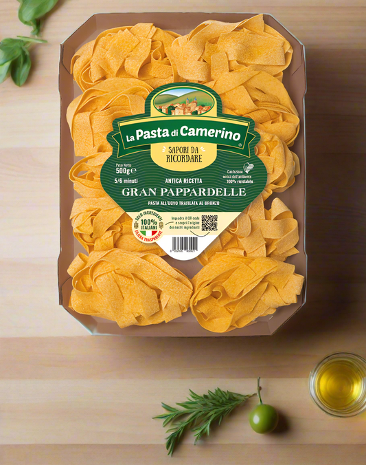 Packaged pasta with 'La Pasta di Camerino' label on a white background