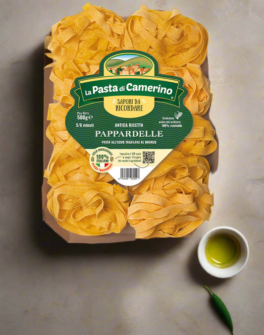Packaged pasta with a green label on a white background