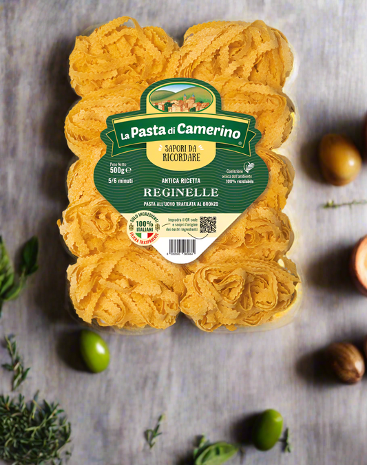 Packaged pasta with 'La Pasta di Camerino' branding on a white background