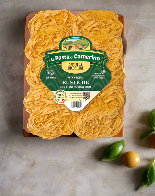 Pack of La Pasta di Camerino rustic pasta with a green label on a white background