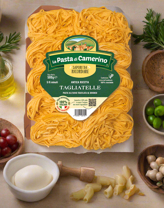 Pack of La Pasta di Camerino tagliatelle pasta on a white background