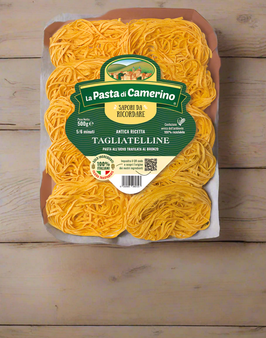 Packaged tagliatelle pasta with Camerino brand label on a white background