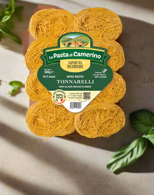 Pack of La Pasta di Camerino Tonnarelli pasta on a white background