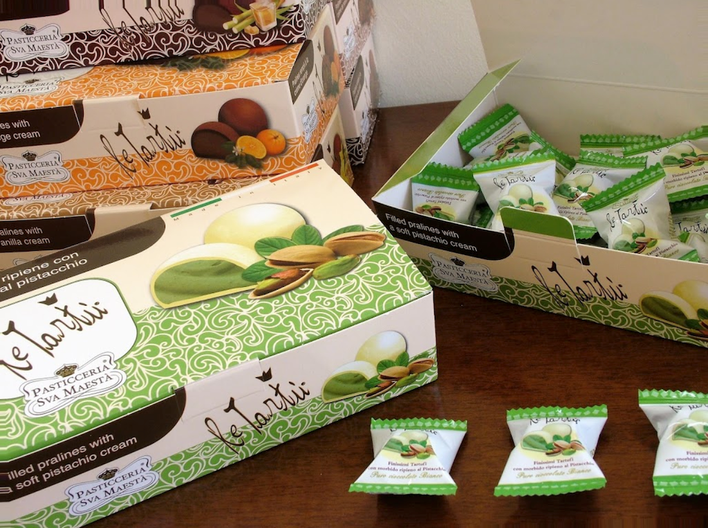 Pasticceria Sua Maesta ReTartu Pistachio Cream Filled Pralines 3.5oz. Imported direct from Italy.