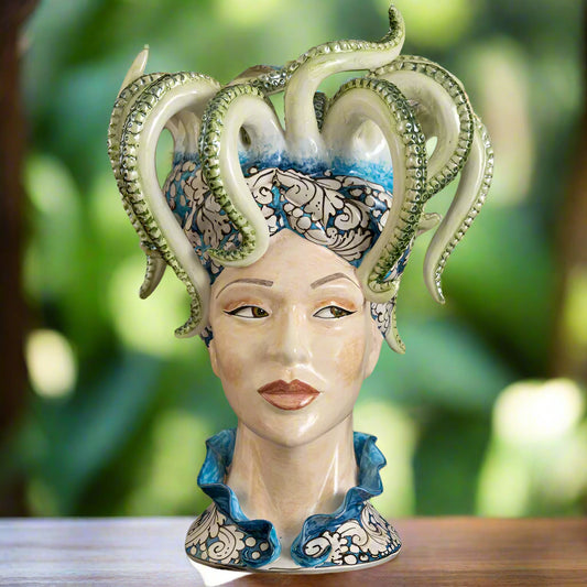 Sicilian Ceramic Moor's Head Lady Height: 47cm Centerpiece. Made In Italy.